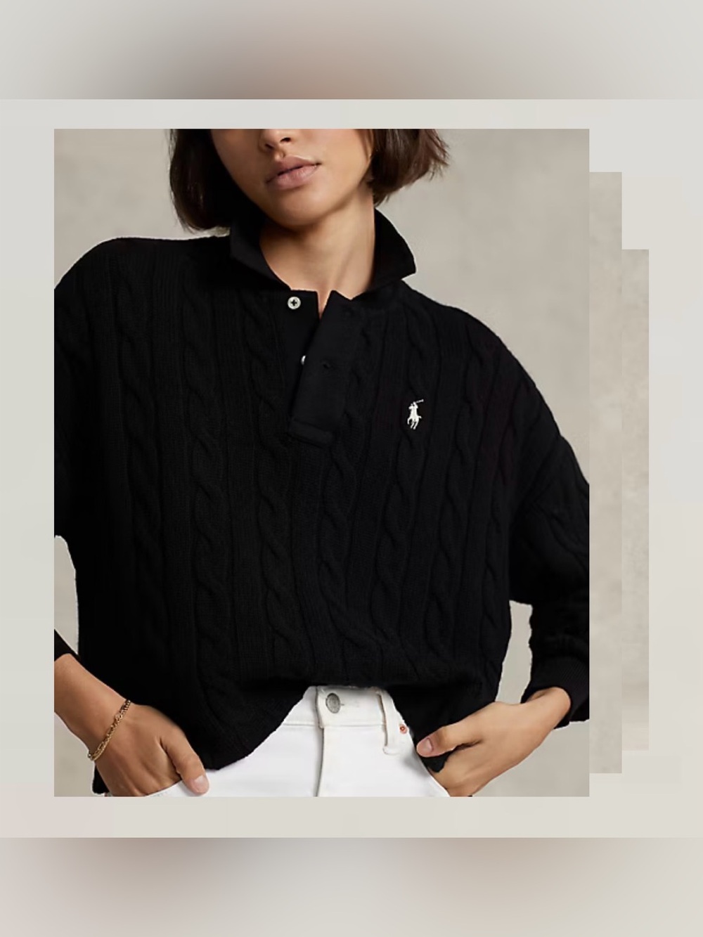 Polo by Ralph Lauren Black Cropped Cable Wool-Cashmere Blend Polo Sweater Size L